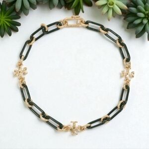 Tory Burch Roxanne Double-T Station Necklace in Rolled Tory Gold/Green